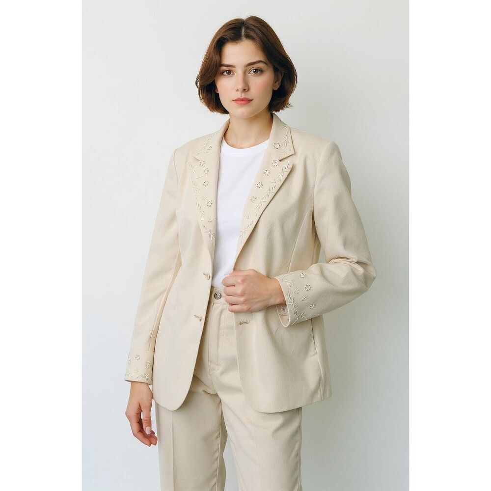 Travis Ayers Embroidered Eyelet Detail Cream Beige Linen Blazer 16
